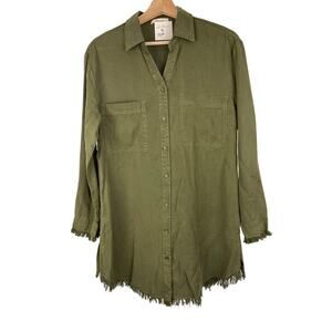 NWT Faveur Women's S Olive Green Fringed Hem Boho Mini Button Up Shirt Dress